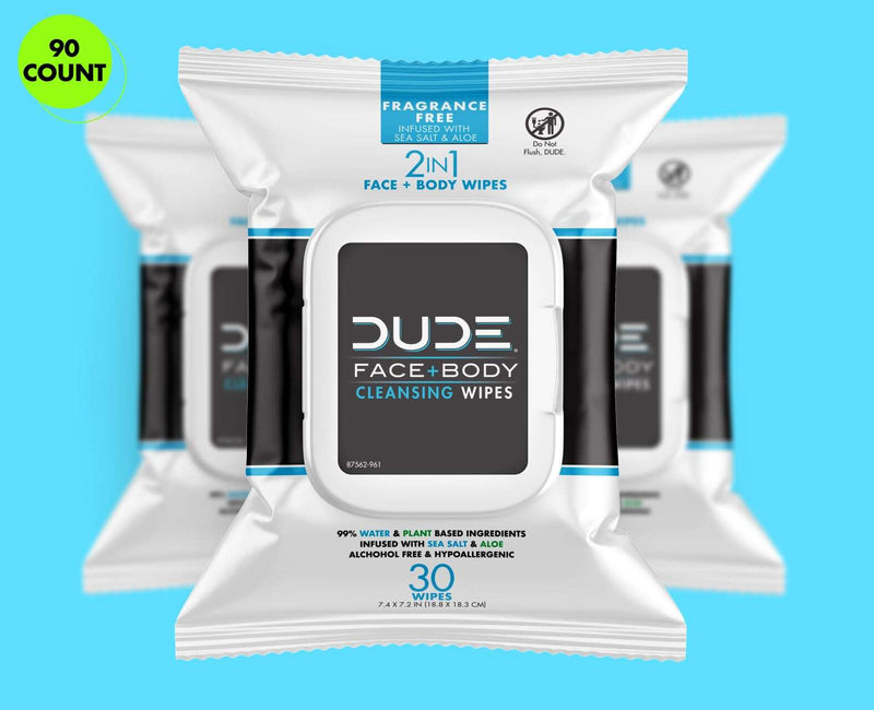 Three overlaid DUDE Face + Body Cleansing Wipes package each containing 30 two-in-one face and body wipes