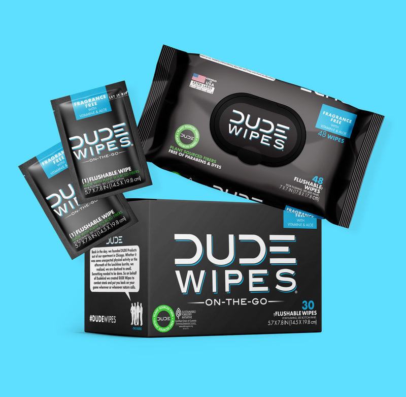 DUDE Wipes Fragrance Free Starter pack graphic. Shows two single packs, one 48ct pack, one DUDE Wipes on-the-go 30ct pack